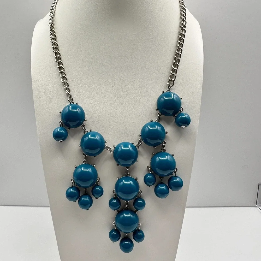 Vintage Y2K Blue Cabochon Beaded Bib Necklace Silver Tone Boho Jewelry